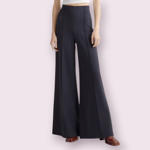 QUINCE Ultra-Stretch Ponte Super Wide Leg Pants Size M Black Side Zip Chic - Picture 1 of 9